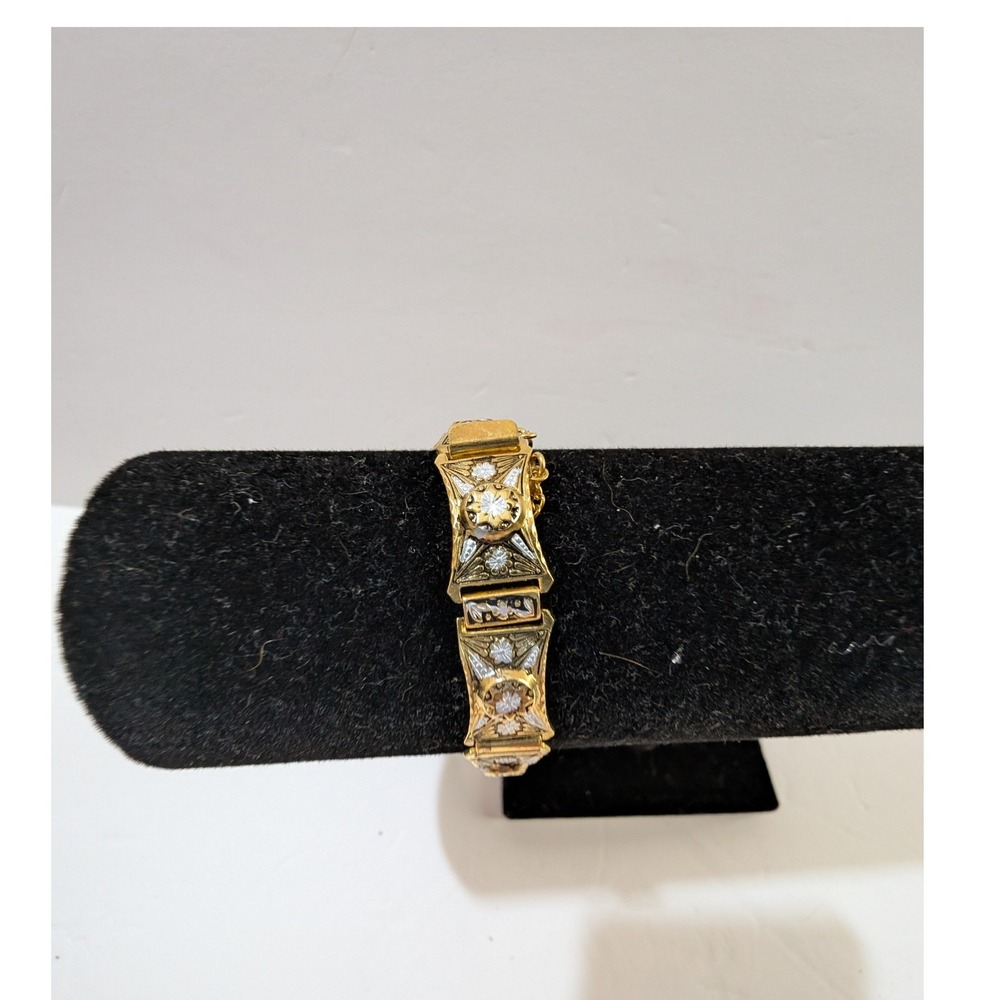 Vintage Gold Tone Art Deco Rhinestone Link Bracelet with Safety Chain 7.25 Inch